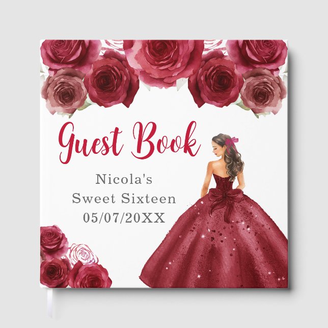Floral Princess in Red Dress Sweet Sixteen Gästebuch (Vorderseite)