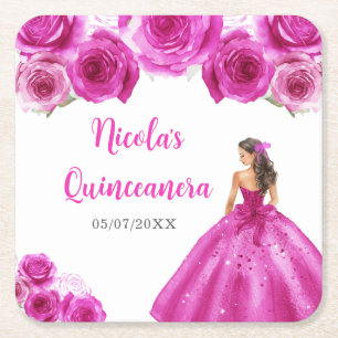 Floral Prinzessin in heißrosa Kleid Quinceanera Rechteckiger Pappuntersetzer