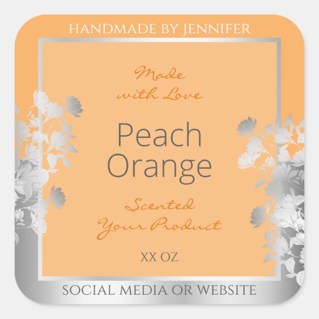Floral Product Label Peach Light Orange and Silber Quadratischer Aufkleber (Vorderseite)