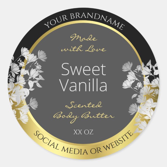 Floral Product Packaging Label Black Gold und Grau Runder Aufkleber (Vorderseite)