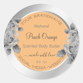 Floral Product Packaging Label Peach Orange Silver Runder Aufkleber