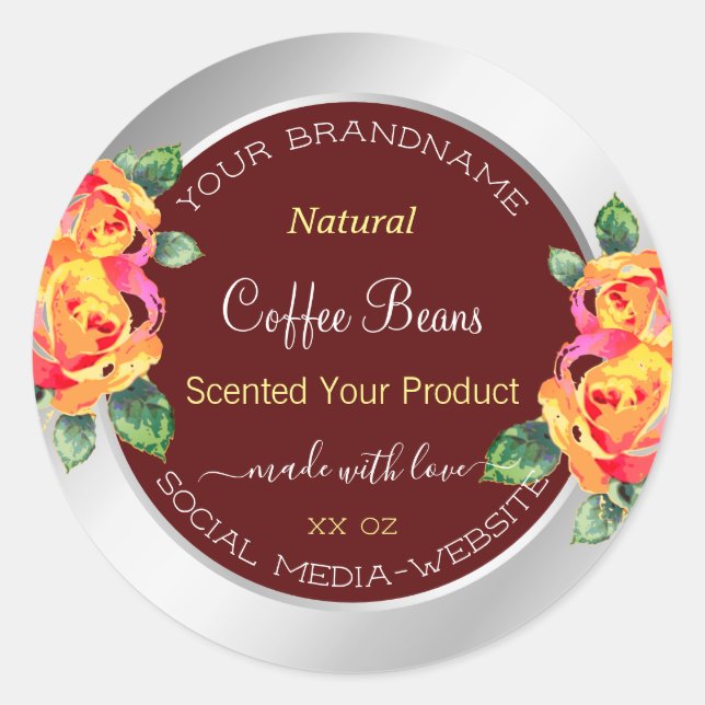 Floral Product Packaging Labels Burgundy Silver Runder Aufkleber (Vorderseite)
