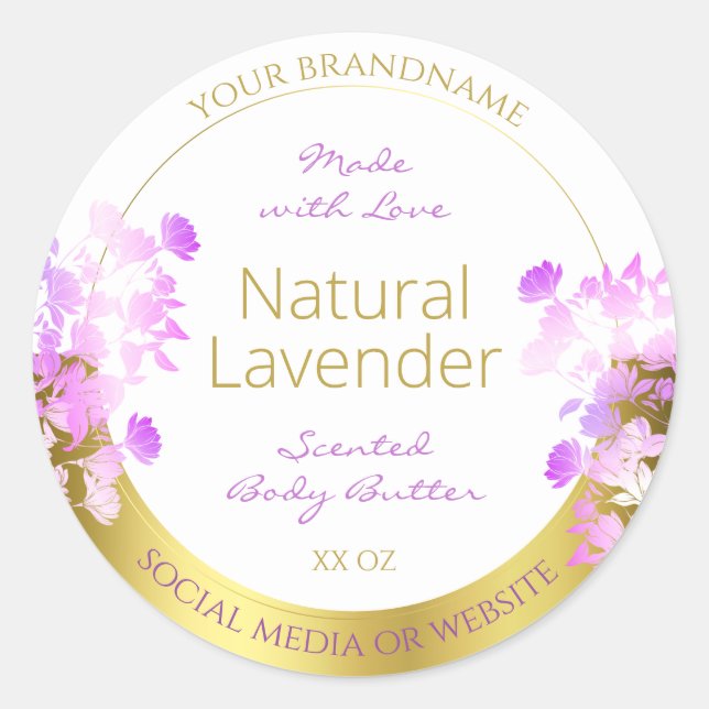 Floral Product Packaging Labels White Gold Lila Runder Aufkleber (Vorderseite)