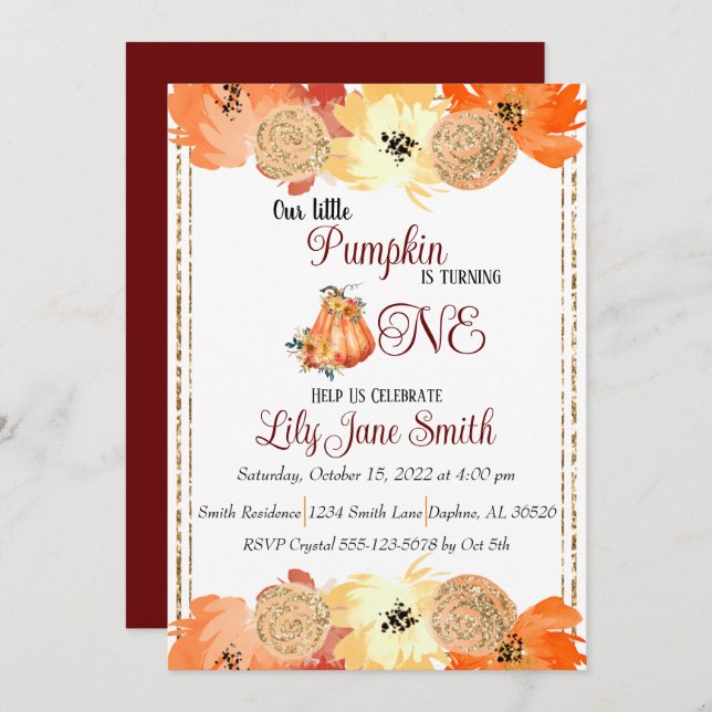 Floral Pumpkin 1. Geburtstag Einladung (Vorne/Hinten)