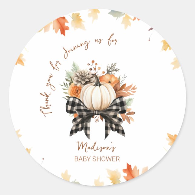 Floral Pumpkin Baby Dusche mit Kariertem Ribbon Runder Aufkleber (Vorderseite)