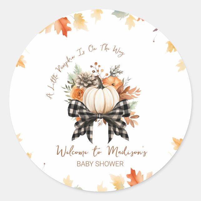 Floral Pumpkin Baby Dusche mit Kariertem Ribbon Runder Aufkleber (Vorderseite)
