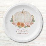 Floral Pumpkin Baby Dusche Pappteller<br><div class="desc">Diese geblümte Baby-Duschpapiertafel ist mit einem Aquarellkürbis,  fallendem Blattwerk und einer stilvollen Schriftzeichen-Typografie dekoriert. Einfach anpassbar. Original Wasserfarbe © Michele Davies.</div>