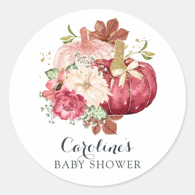 Floral Pumpkin Blush Marsala Baby Dusche Runder Aufkleber (Vorderseite)