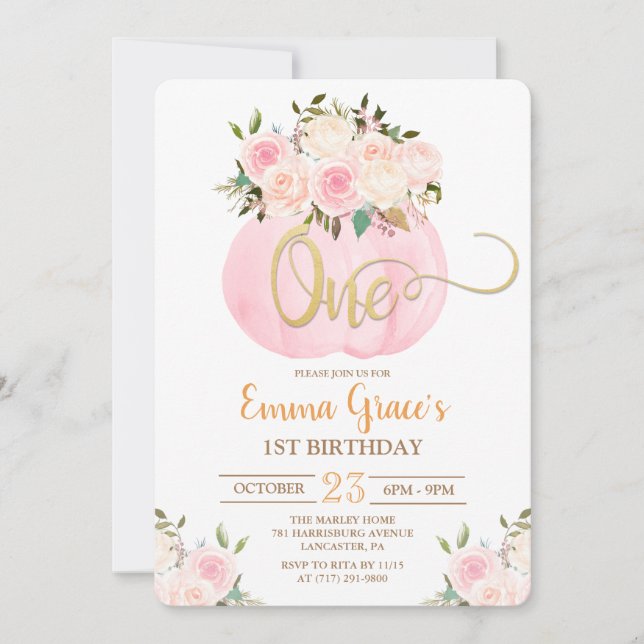 Floral Pumpkin Erster Geburtstag Einladung (Vorderseite)