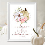 Floral Pumpkin Fall Brautparty Begrüßungszeichen Poster<br><div class="desc">Schönes,  rosafarbenes,  blumenrosa Aquarell,  Kürbiscreme-Begrüßungsschild für das Brautparty im Herbst. Einfach mit Ihren Daten personalisieren. Bitte kontaktieren Sie mich per Chat,  wenn Sie Fragen zum Kunstwerk haben oder eine Anpassung benötigen. BITTE BEACHTEN SIE: Für Unterstützung bei Bestellungen,  Versand,  Produktinformationen usw. wenden Sie sich direkt an den Zazzle Kundenservice https://help.zazzle.com/hc/en-us/articles/221463567-How-Do-I-Contact-Zazzle-Customer-Support-.</div>