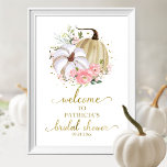 Floral Pumpkin Fall Brautparty Begrüßungszeichen Poster<br><div class="desc">Schönes,  rosafarbenes,  blumenrosa Aquarell,  Kürbiscreme-Begrüßungsschild für das Brautparty im Herbst. Einfach mit Ihren Daten personalisieren. Bitte kontaktieren Sie mich per Chat,  wenn Sie Fragen zum Kunstwerk haben oder eine Anpassung benötigen. BITTE BEACHTEN SIE: Für Unterstützung bei Bestellungen,  Versand,  Produktinformationen usw. wenden Sie sich direkt an den Zazzle Kundenservice https://help.zazzle.com/hc/en-us/articles/221463567-How-Do-I-Contact-Zazzle-Customer-Support-.</div>