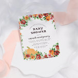 Floral Pumpkin Fall Themed Baby Dusche Einladungspostkarte<br><div class="desc">Eine rustikale,  blumengeschmückte Babydusche mit zwei orangefarbenen Kürbissen in der links unteren Ecke,  gerahmt durch einen Kranz aus Bordeaux und Orangen-Blume und grünem Blattwerk. Ihr eigener Duschtext erscheint in der Mitte in einer stilvollen Typografie. Bearbeiten Sie den Text in den Vorlagenfeldern,  um diese Einladungen anzupassen.</div>