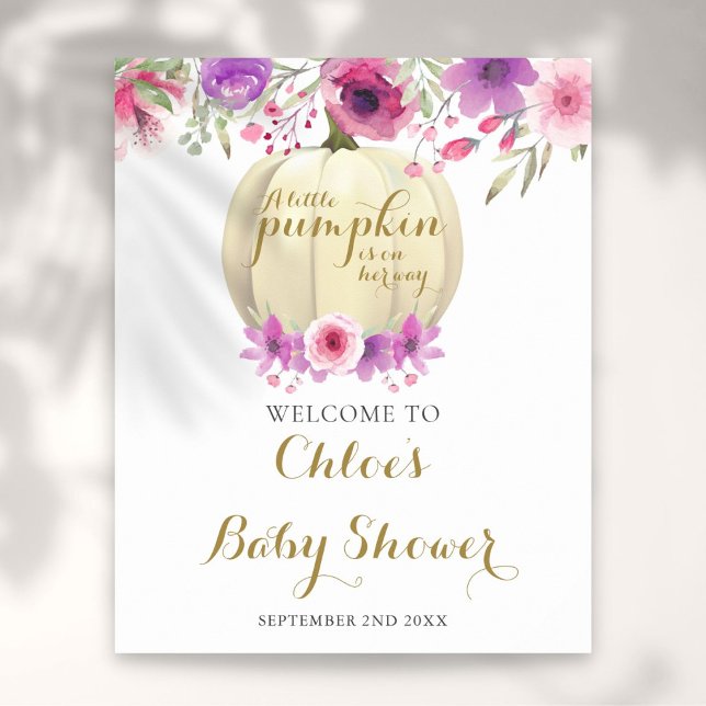 Floral Pumpkin Pink Girl Babydusche Begrüßungszeic Poster (Floral Pumpkin Pink Girl Baby Shower Welcome Sign)