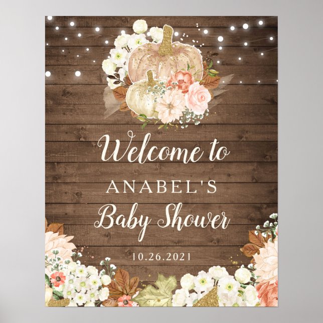 Floral Pumpkin Rustic Wood Welcome Baby Dusche Poster (Vorne)