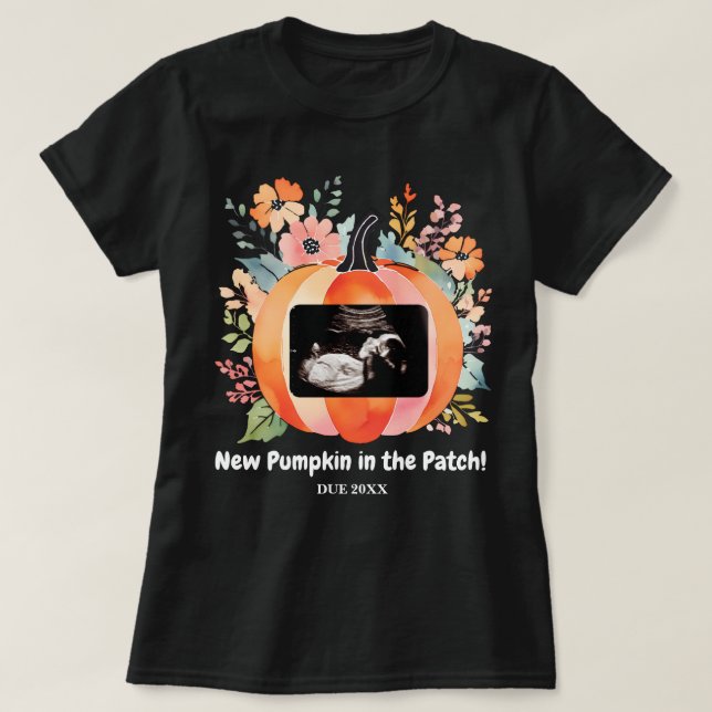 Floral Pumpkin Schwangerschaft Ankündigung Ultraso T-Shirt (Design vorne)