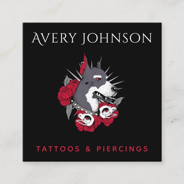 Floral Punk Rock Dog Tattoo Artist Social Media Quadratische Visitenkarte (Vorderseite)