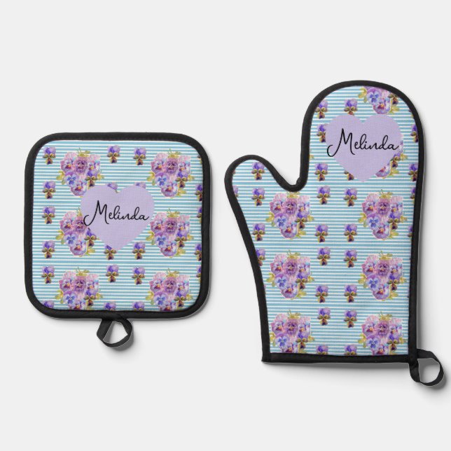 Floral Purple Viola Blue Lilac Pansy Womans Name Ofenhandschuh & Topflappen-Set (Vorderseite)