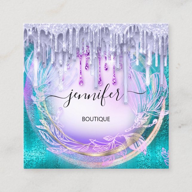 Floral QRCode Beruflich Shop Tropfen Glitzer Quadratische Visitenkarte (Vorderseite)