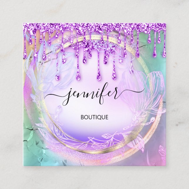 Floral QRCode Beruflich Shop Tropfen Holograph Quadratische Visitenkarte (Vorderseite)