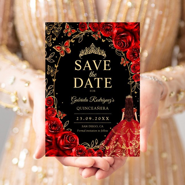 Floral Quinceanera Black Red Gold Save The Date (Von Creator hochgeladen)