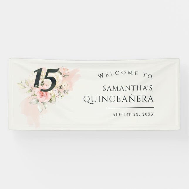 Floral Quinceanera Botanischer 15. Geburtstag Banner (Horizontal)