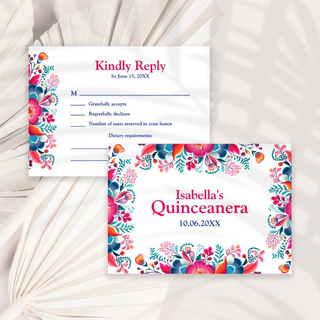 Floral Quinceanera Fiesta Mexicana RSVP Karte (Floral Quinceanera Fiesta Mexicana RSVP Card on a white sunny dry palm leaf.)
