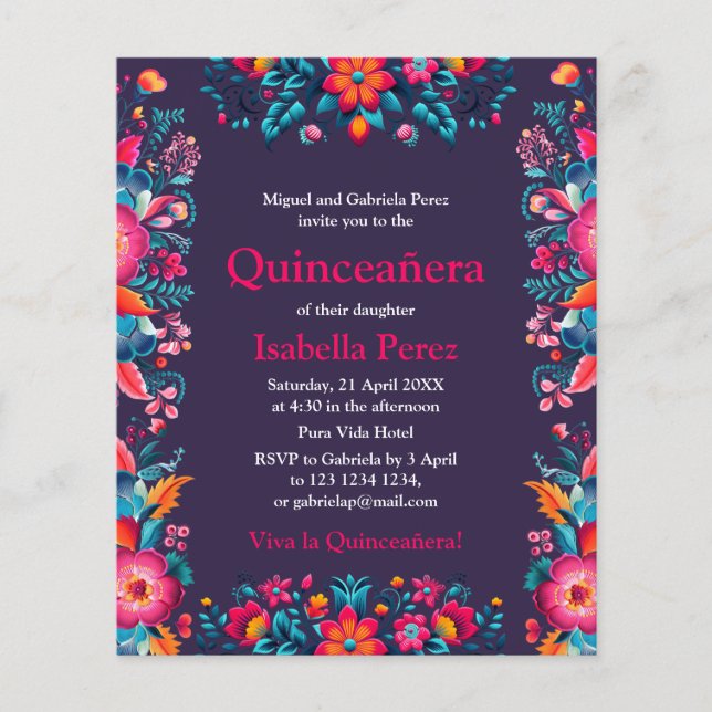 Floral Quinceanera Lila mexikanische Fiesta Geburt Flyer (Vorne)