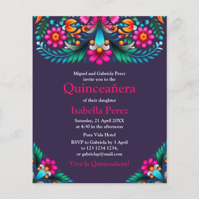 Floral Quinceanera Lila mexikanische Fiesta Geburt Flyer (Vorne)