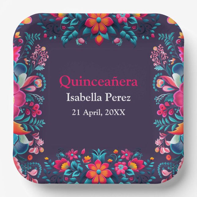 Floral Quinceanera Lila mexikanische Fiesta Geburt Pappteller (Vorderseite)