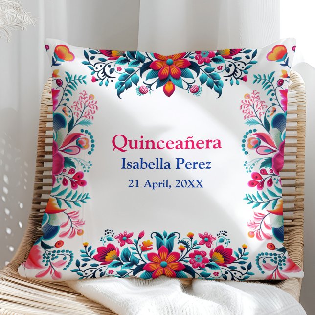 Floral Quinceanera Mexican Fiesta Birthday Kissen (Floral Quinceanera Mexican Fiesta Birthday Throw Pillow on a sunny rattan chair.)