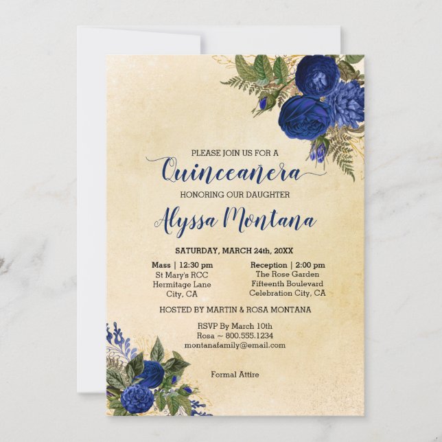 Floral Quinceanera Royal Blue Mass & Empfang Einladung (Vorderseite)