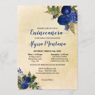 Floral Quinceanera Royal Blue Mass & Empfang Einladung