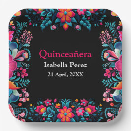 Floral Quinceanera Schwarz Mexican Fiesta Geburtst Pappteller