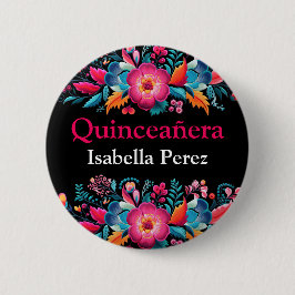 Floral Quinceanera Schwarze Mexikanische Fiesta Button