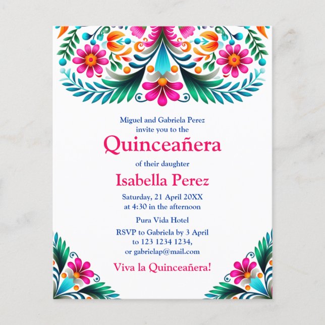 Floral Quinceanera Weiße mexikanische Fiesta Gebur Flyer (Vorne)