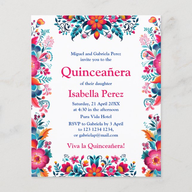 Floral Quinceanera Weiße mexikanische Fiesta Gebur Flyer (Vorne)
