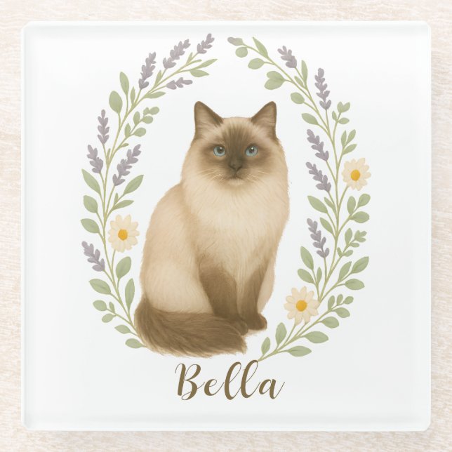 Floral Ragdoll Cat Frame Personalized Name Glasuntersetzer (Vorderseite)