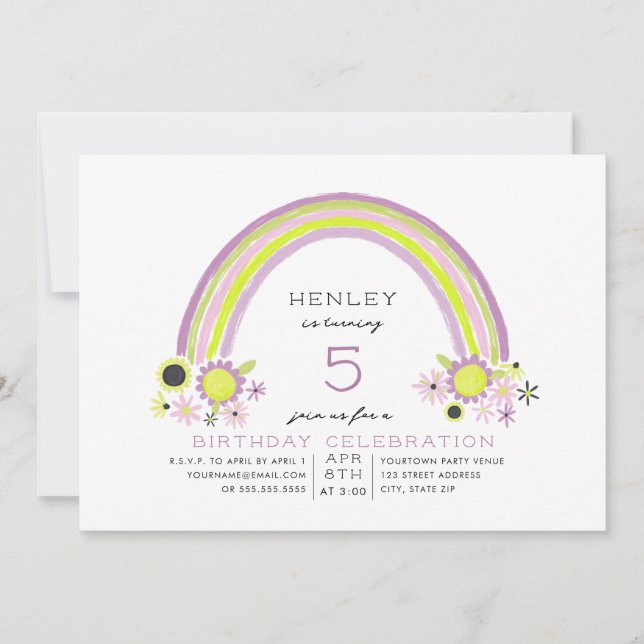 Floral Rainbow Birthday Neon Lavender Einladung (Vorderseite)