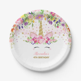 Floral Rainbow Unicorn Girl Birthday Party Plate Pappteller