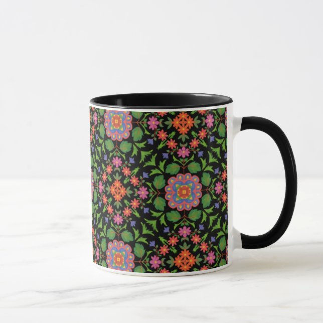 Floral Rangoli auf Black Ringer Coffee Tasse (Rechts)