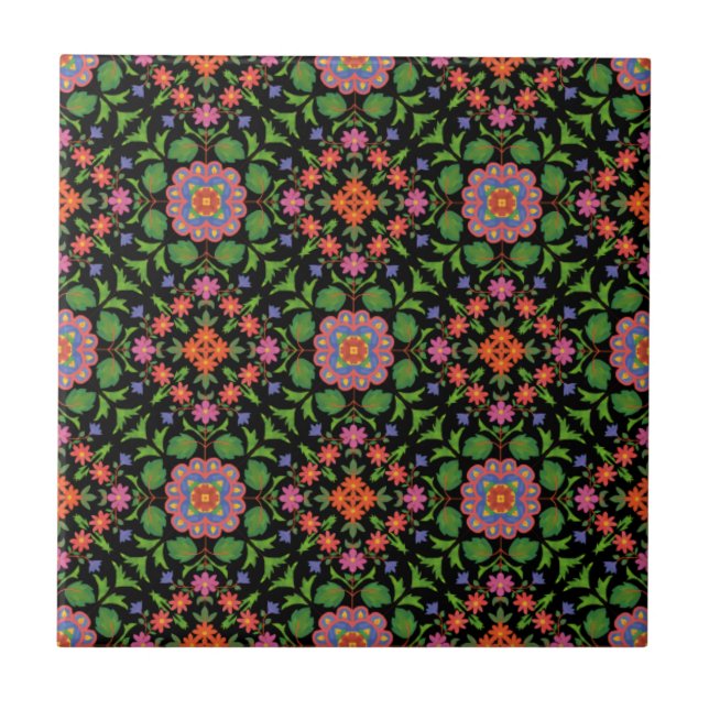 Floral Rangoli Muster auf schwarzer Keramik Tile Fliese (Vorderseite)