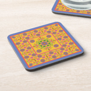 Floral Rangoli Muster Border auf gelben Untersetze Getränkeuntersetzer
