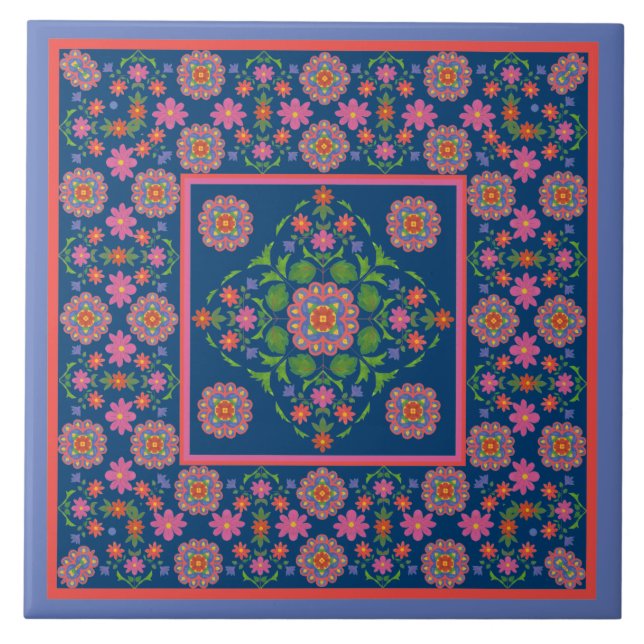 Floral Rangoli Muster Border, blaue Keramik Tile Fliese (Vorderseite)