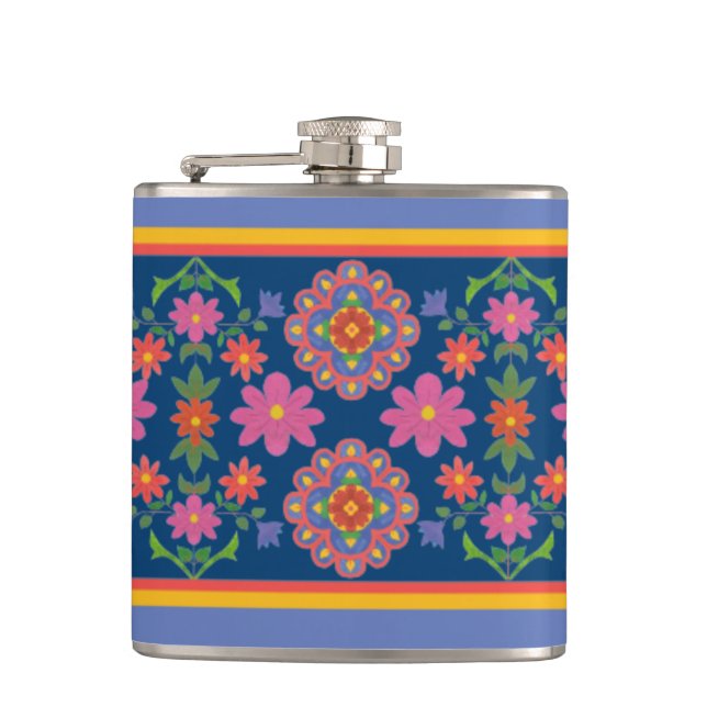 Floral Rangoli Muster Border on Blue Hip Flask Flachmann (Vorderseite)