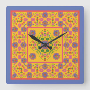 Floral Rangoli Muster Border on Yellow Wall Clock Quadratische Wanduhr
