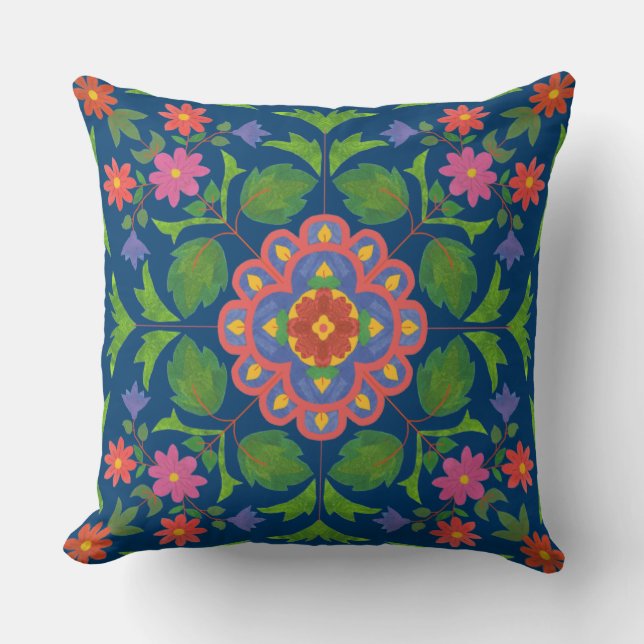 Floral Rangoli Muster Deep Blue Pillow oder Cushio Kissen (Vorderseite)