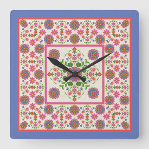 Floral Rangoli Mustergrenze zu Ecru: Wall Clock Quadratische Wanduhr