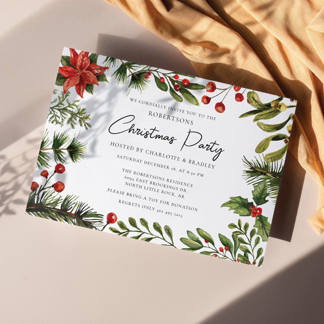 Floral Red Berries Greenery Script Weihnachts-Part Einladung (Poinsettia Mistletoe Christmas Party Invitation)