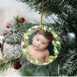 Floral Red Berries Greenery Wreath Photo Keramik Ornament<br><div class="desc">Beautiful floral Christmas ornament with your photo inside a floral berry wreath of sage green greenery,  white flowers,  and red berries. Add your baby's name and the year on the back.</div>