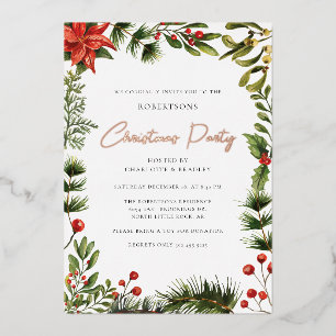 Floral Red Berries Weihnachts-Party Rose Gold Folieneinladung